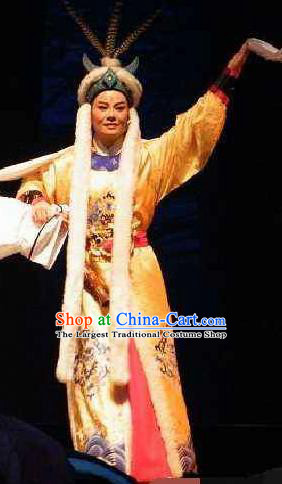 Cai Wenji Chinese Opera Ancient Huns Prince Yellow Clothing Stage Performance Dance Costume and Headpiece for Men