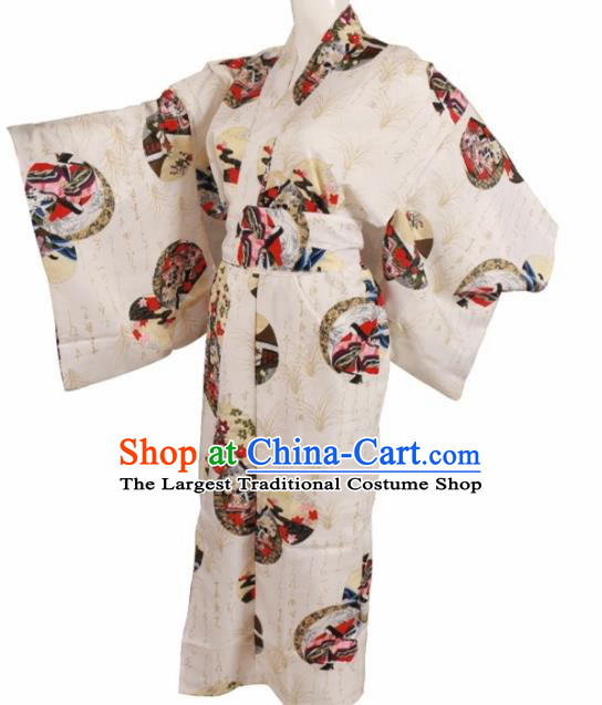 Traditional Japanese Printing White Kimono Asian Japan Blue Dress for Women