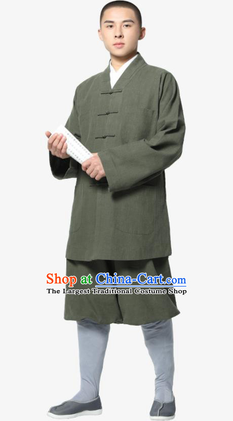 Traditional Chinese Monk Costume Meditation Olive Green Ramie Shirt and Pants for Men
