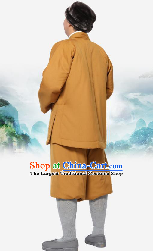 Traditional Chinese Monk Costume Meditation Outfits Khaki Cotton Wadded Jacket Shirt and Pants for Men
