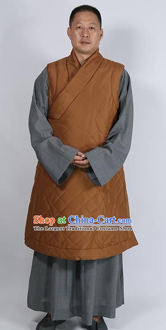 Traditional Chinese Monk Costume Lay Buddhists Khaki Cotton Padded Jacket for Men