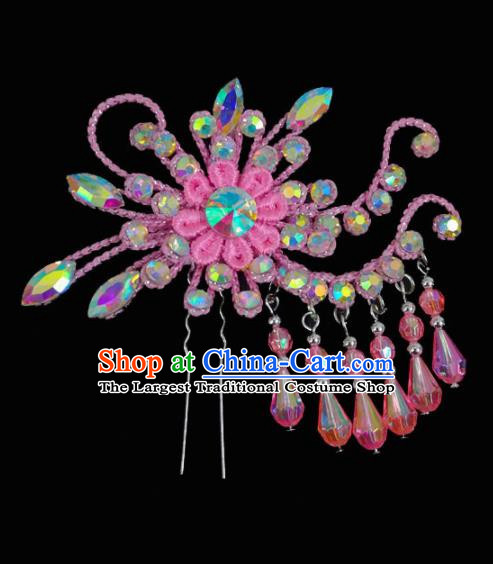 Chinese Traditional Beijing Opera Hair Accessories Peking Opera Diva Pink Flower Tassel Hairpins for Adults