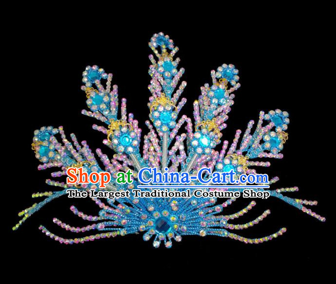 Chinese Traditional Beijing Opera Hair Accessories Peking Opera Diva Blue Phoenix Hairpins for Adults