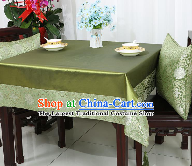 Chinese Traditional Lotus Pattern Green Brocade Table Cloth Classical Satin Household Ornament Desk Cover