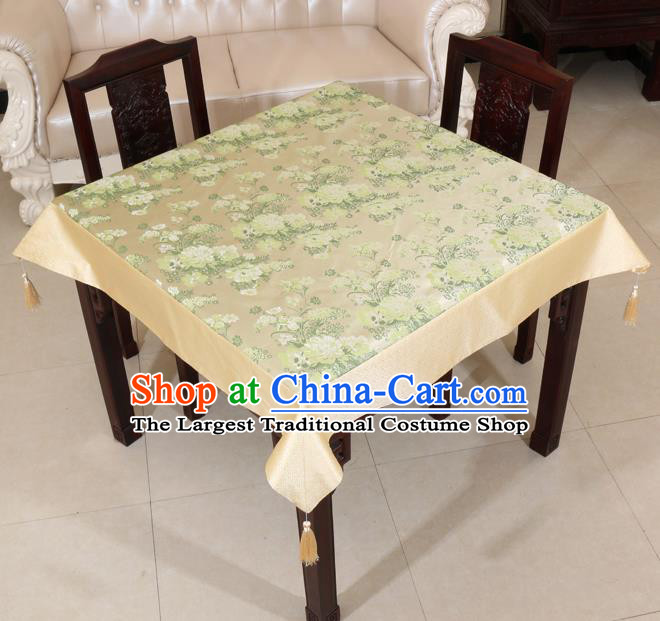 Chinese Traditional Peony Pattern Beige Brocade Desk Cloth Classical Satin Household Ornament Table Cover