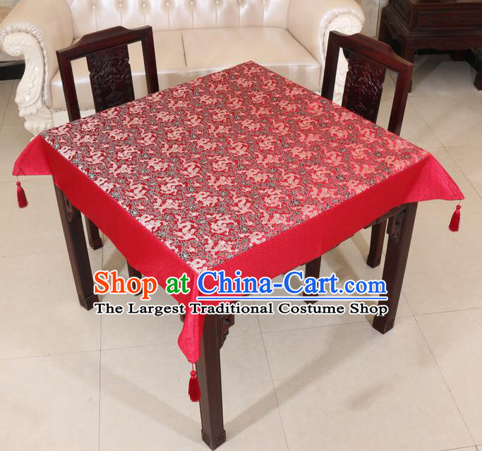 Chinese Traditional Dragons Pattern Red Brocade Desk Cloth Classical Satin Household Ornament Table Cover