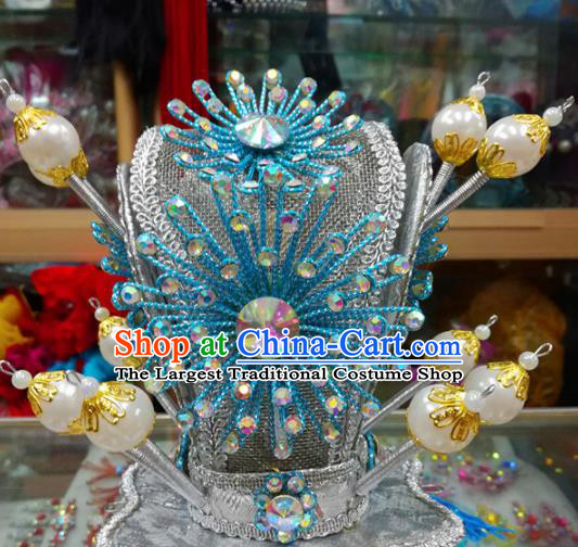 Chinese Traditional Beijing Opera Headwear Peking Opera Niche Blue Beads Hairdo Crown for Adults