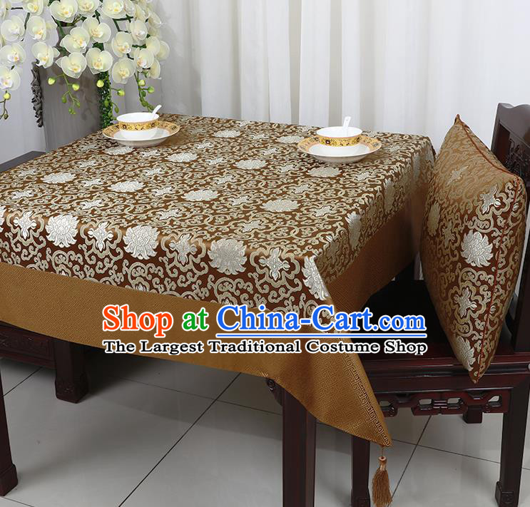 Chinese Traditional Lotus Pattern Brown Brocade Table Cloth Classical Satin Household Ornament Desk Cover