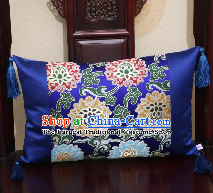 Chinese Traditional Lotus Pattern Royalblue Brocade Back Cushion Cover Classical Household Ornament