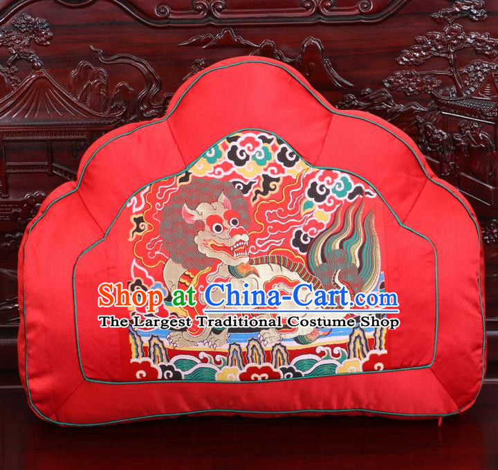 Chinese Traditional Embroidered Kylin Pattern Red Brocade Back Cushion Cover Classical Household Ornament