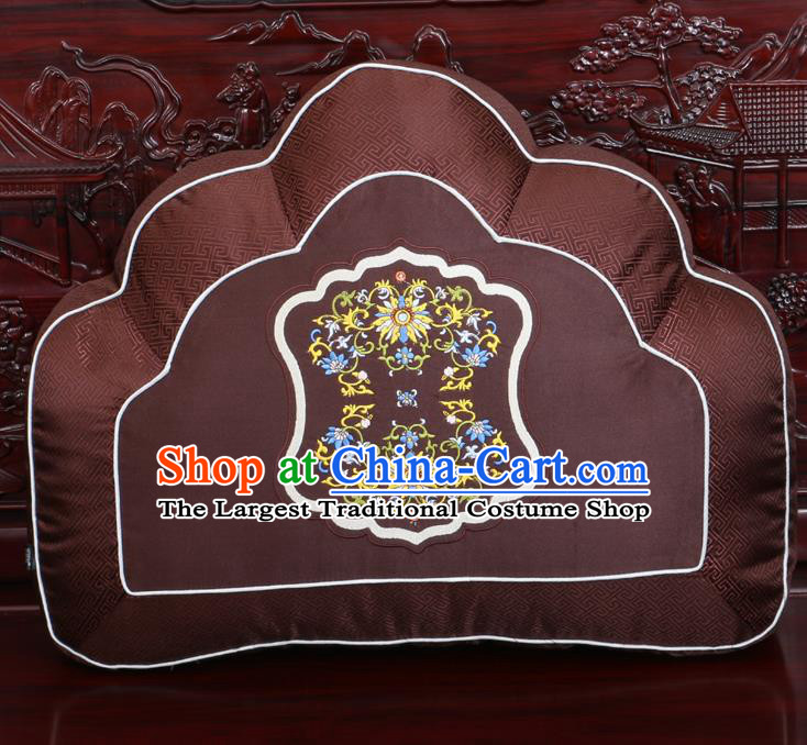 Chinese Traditional Embroidered Lotus Pattern Brown Brocade Back Cushion Cover Classical Household Ornament
