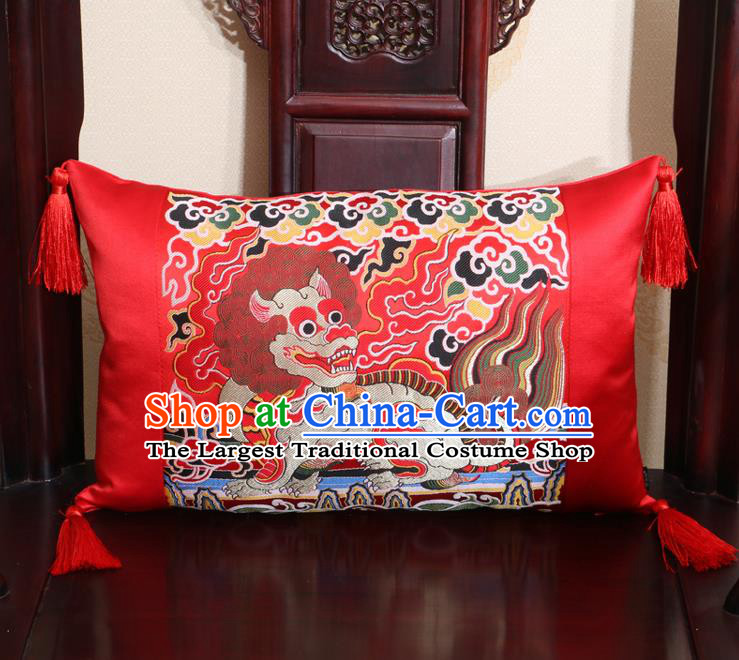 Chinese Traditional Kylin Pattern Red Brocade Back Cushion Cover Classical Household Ornament