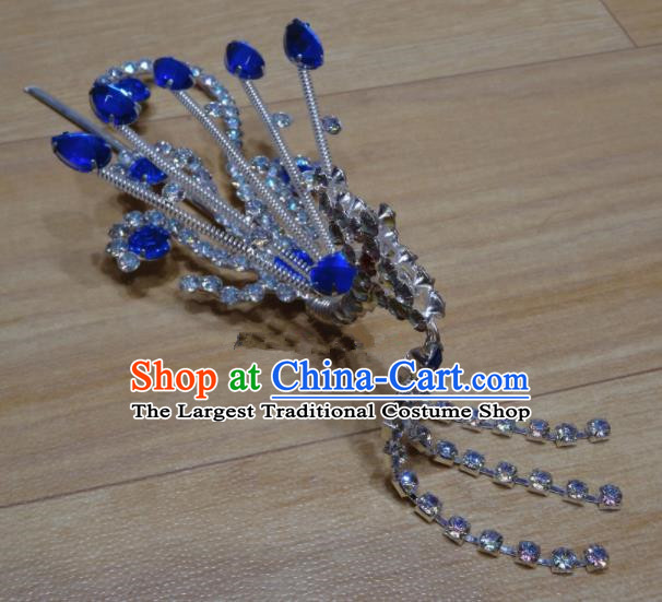 Chinese Traditional Beijing Opera Royalblue Crystal Phoenix Tassel Hairpins Princess Hair Accessories for Adults