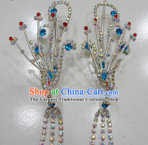 Chinese Traditional Beijing Opera Diva Blue Phoenix Hairpins Princess Crystal Tassel Hair Clip Hair Accessories for Adults