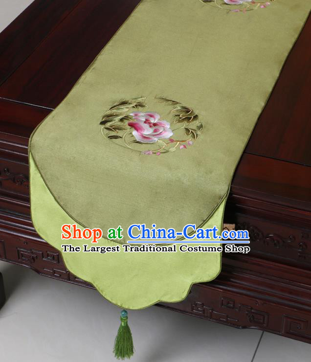 Chinese Traditional Embroidered Peony Olive Green Brocade Table Cloth Classical Satin Household Ornament Table Flag