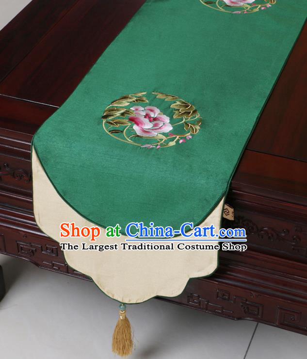 Chinese Traditional Embroidered Peony Green Brocade Table Cloth Classical Satin Household Ornament Table Flag