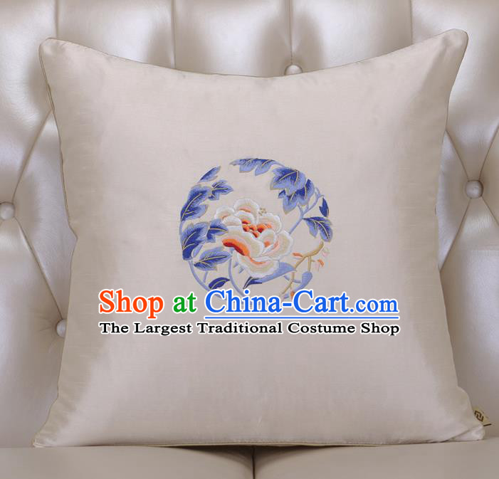 Chinese Traditional Embroidered Peony White Brocade Back Cushion Cover Classical Household Ornament