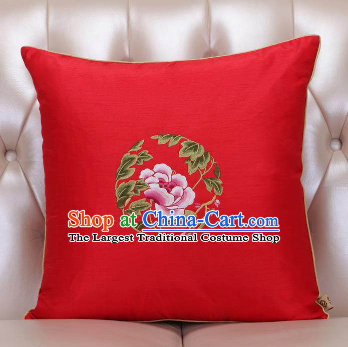 Chinese Traditional Embroidered Peony Red Brocade Back Cushion Cover Classical Household Ornament