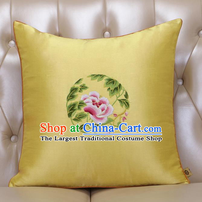 Chinese Traditional Embroidered Peony Yellow Brocade Back Cushion Cover Classical Household Ornament