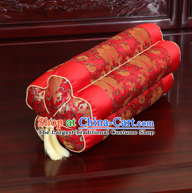 Chinese Traditional Household Accessories Classical Fishes Pattern Red Brocade Plum Blossom Pillow
