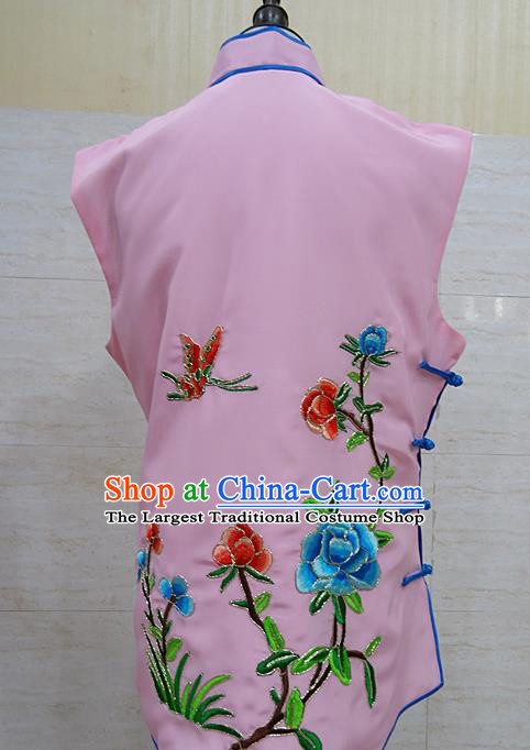 Chinese Traditional Beijing Opera Embroidered Peony Pink Waistcoat Peking Opera Maidservants Costume for Adults