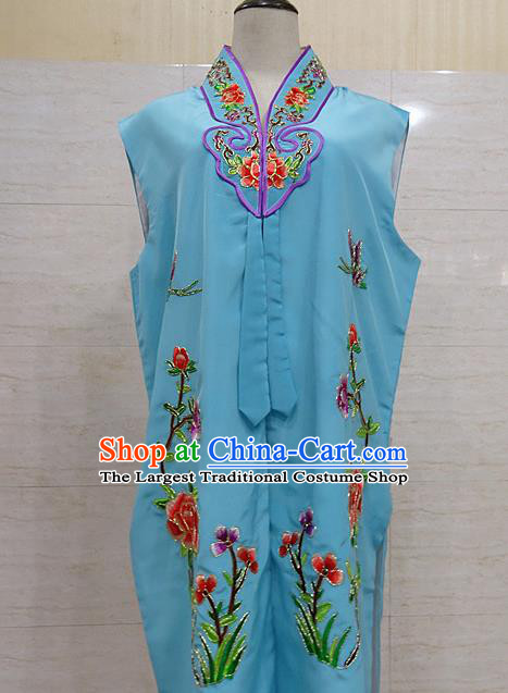 Chinese Traditional Beijing Opera Maidservants Blue Embroidered Peony Waistcoat Peking Opera Costume for Adults