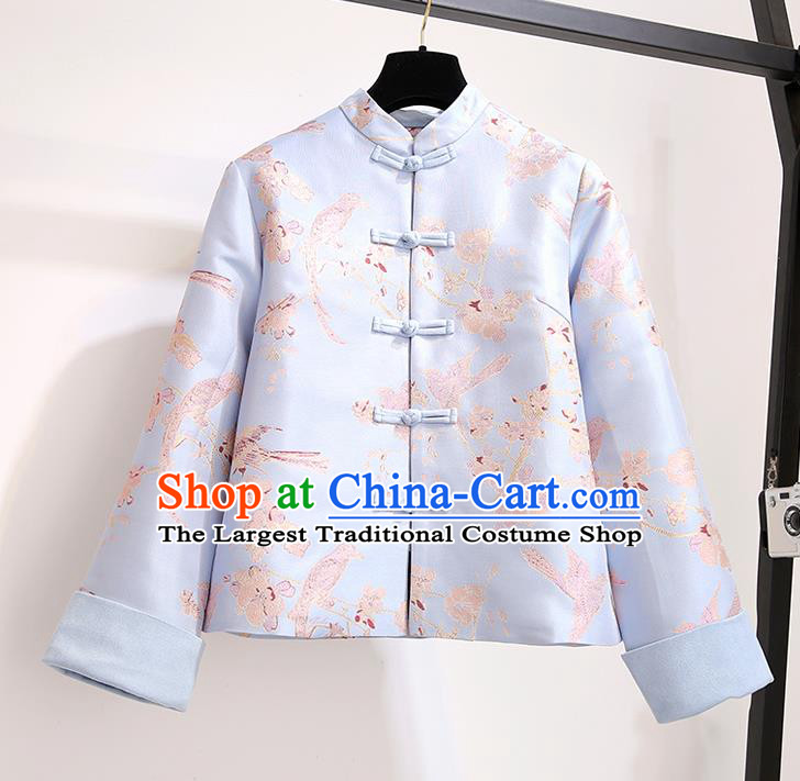 Chinese Traditional Costume Tang Suit Blue Jacket Cheongsam Upper Outer Garment for Women