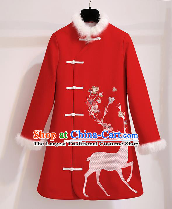 Chinese Traditional Costume Tang Suit Red Dust Coat Cheongsam Upper Outer Garment for Women