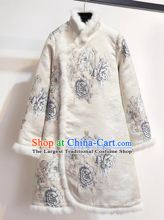 Chinese Traditional Costume Tang Suit Qipao Dress Embroidered Peony White Cheongsam for Women
