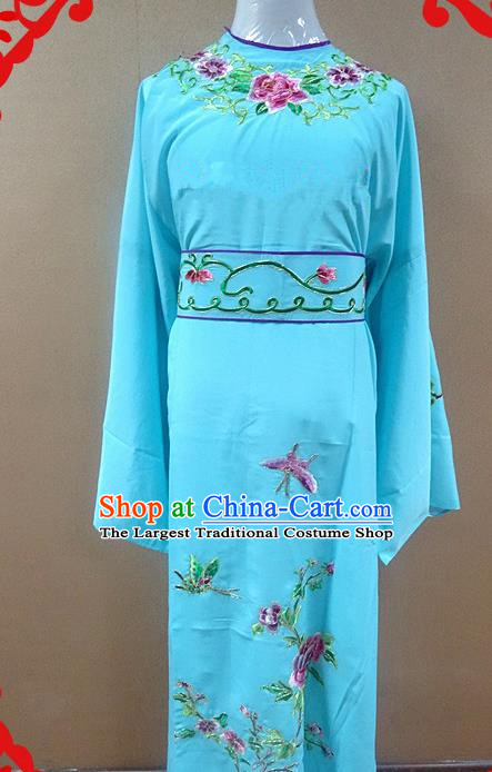 Professional Chinese Beijing Opera Niche Blue Embroidered Peony Robe Traditional Peking Opera Scholar Costume for Adults