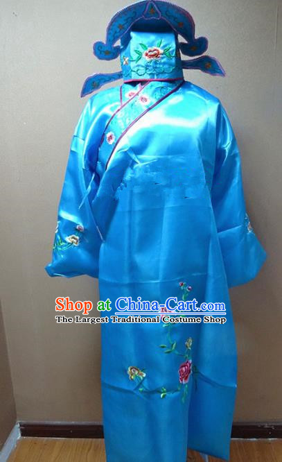 Professional Chinese Traditional Beijing Opera Niche Blue Robe Ancient Scholar Embroidered Peony Costume for Adults