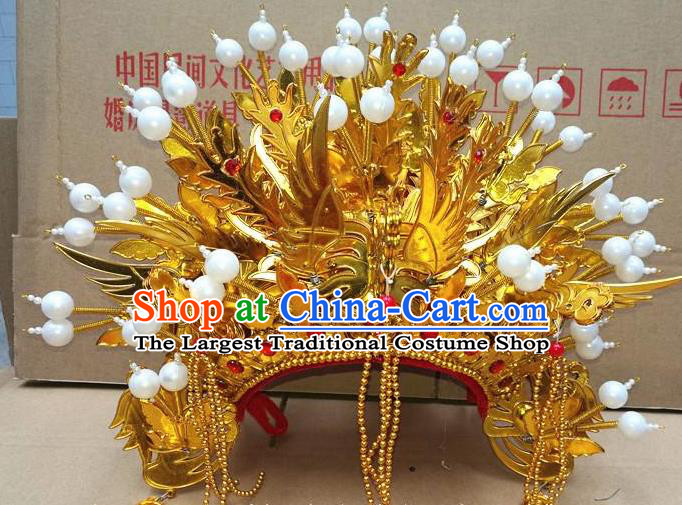 Chinese Traditional Beijing Opera Queen Hair Accessories Ancient Bride Golden Tassel Phoenix Coronet Headwear