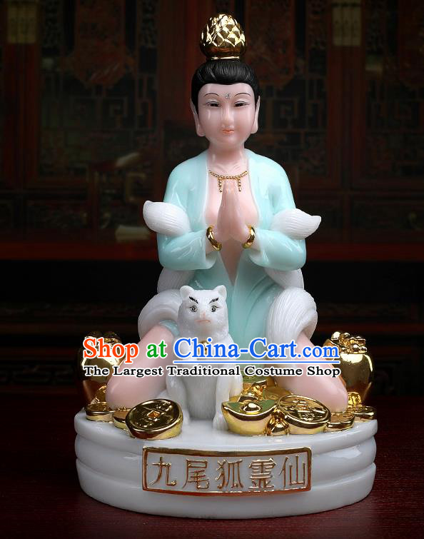 Chinese Traditional Religious Supplies Feng Shui Green Gumiho Goddess Statue Taoism Decoration