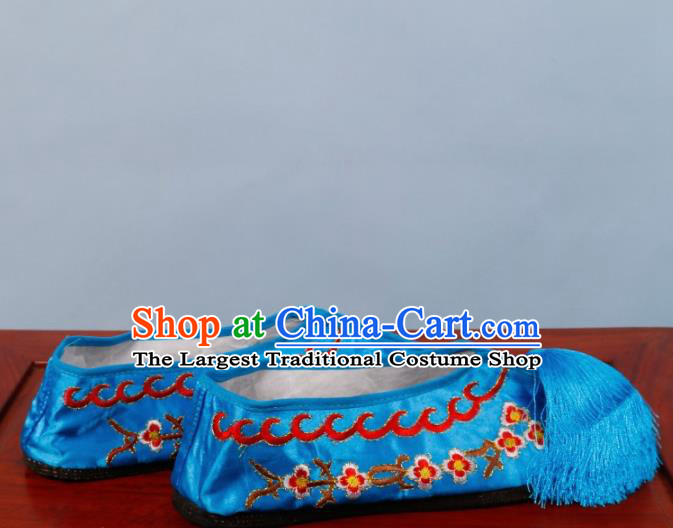 Chinese Traditional Beijing Opera Shoes Peking Opera Diva Blue Satin Embroidered Shoes