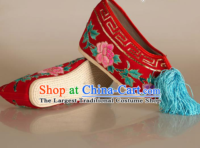 Asian Chinese Beijing Opera Shoes Princess Red Embroidered Shoes Traditional Peking Opera Diva Shoes