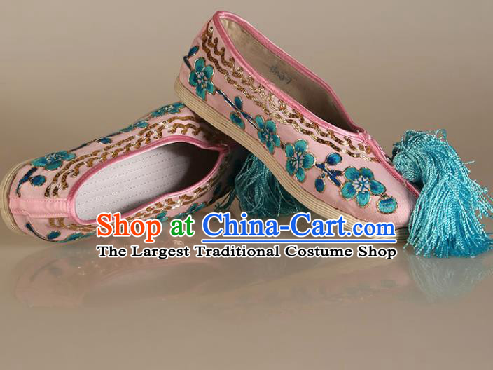 Asian Chinese Beijing Opera Shoes Pink Cloth Embroidered Shoes Traditional Peking Opera Diva Shoes