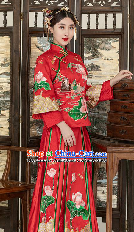 Traditional Chinese Ancient Wedding Costume Bride Embroidered Lotus Xiuhe Suits for Women