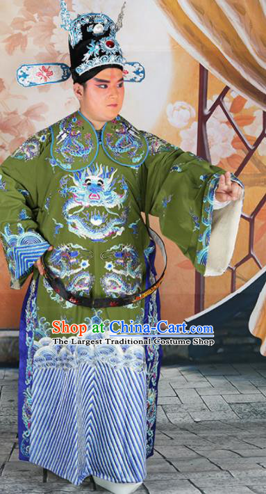 Chinese Traditional Beijing Opera Green Embroidered Robe Peking Opera Minister Costume