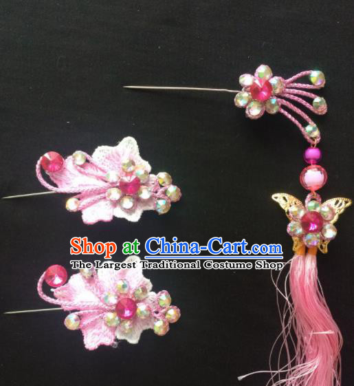 Asian Chinese Beijing Opera Hair Accessories Pink Tassel Hairpins Complete Set for Women