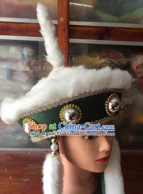 Asian Chinese Traditional Beijing Opera Headwear Ancient Ethnic Royal Highness Green Hat for Men
