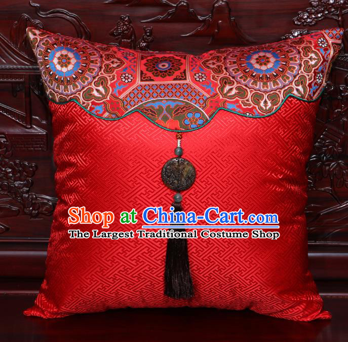 Chinese Classical Pattern Jade Pendant Red Brocade Square Cushion Cover Traditional Household Ornament