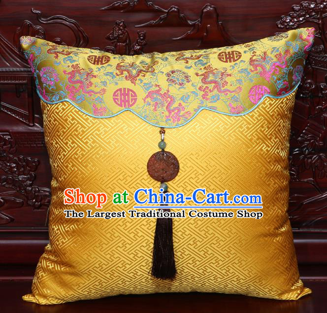 Chinese Classical Dragon Pattern Jade Pendant Golden Brocade Square Cushion Cover Traditional Household Ornament