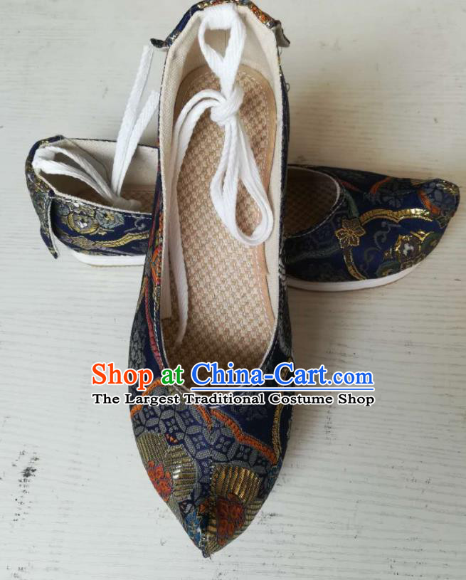 Asian Chinese Traditional Shoes Ancient Song Dynasty Navy Brocade Shoes Hanfu Shoes for Women