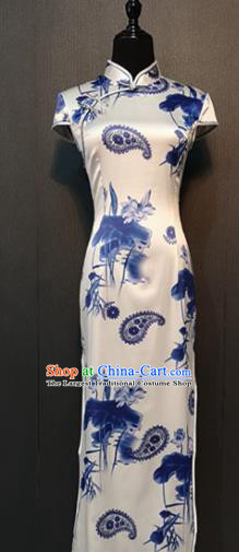 Asian Chinese Traditional Costume National Qipao Dress Printing Lotus White Silk Cheongsam for Women