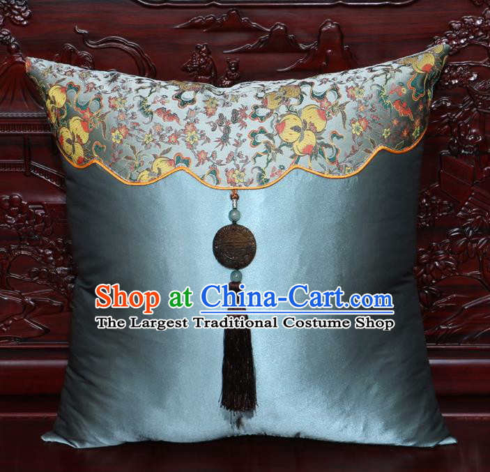 Chinese Classical Peach Pattern Jade Pendant Blue Brocade Square Cushion Cover Traditional Household Ornament