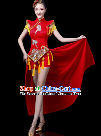 Traditional Chinese Folk Dance Costume Drum Dance Red Clothing for Women