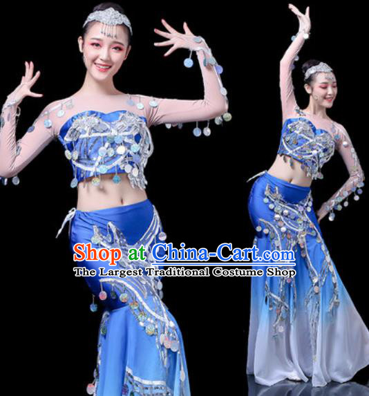Chinese Traditional Ethnic Dance Costume Dai Nationality Peacock Dance Blue Dress for Women