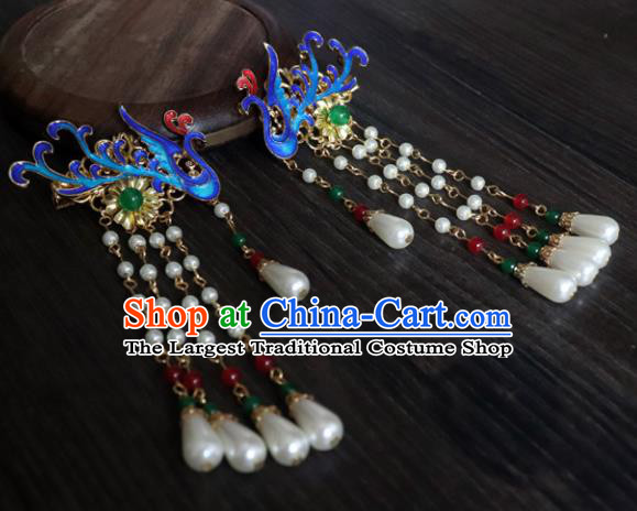 Chinese Ancient Palace Hair Accessories Traditional Classical Blueing Phoenix Hair Sticks for Women
