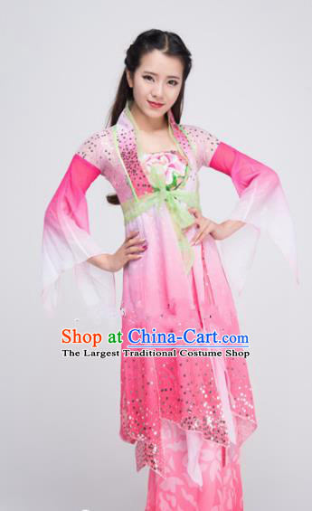 Asian Chinese Traditional Classical Dance Costume Lotus Dance Pink Dress for Women
