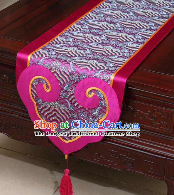 Chinese Classical Wave Pattern Rosy Satin Table Flag Traditional Brocade Household Ornament Table Cover